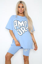 Cycling Shorts and T-Shirts Co-Ords Sets Co-Ord Suit Set WearAll Amour Slogan Sky Blue One Size UK Fit (Upto 14)