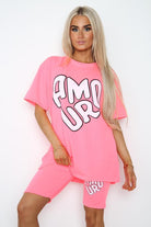 Cycling Shorts and T-Shirts Co-Ords Sets Co-Ord Suit Set WearAll Amour Slogan Hot Pink One Size UK Fit (Upto 14)