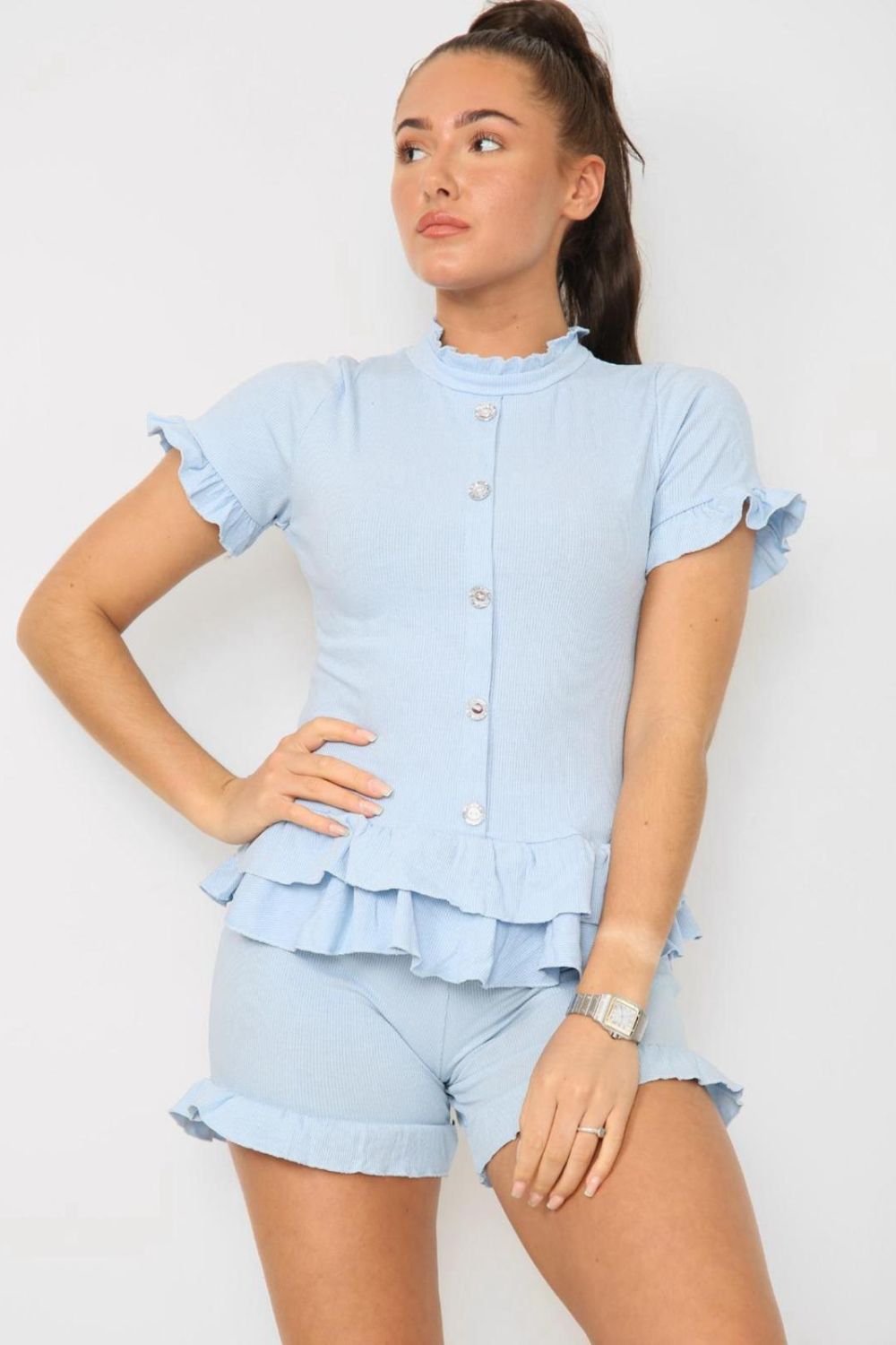 Diamond Frilled Edge Short Co-Ord Set Co-Ord WearAll Sky Blue 8-10