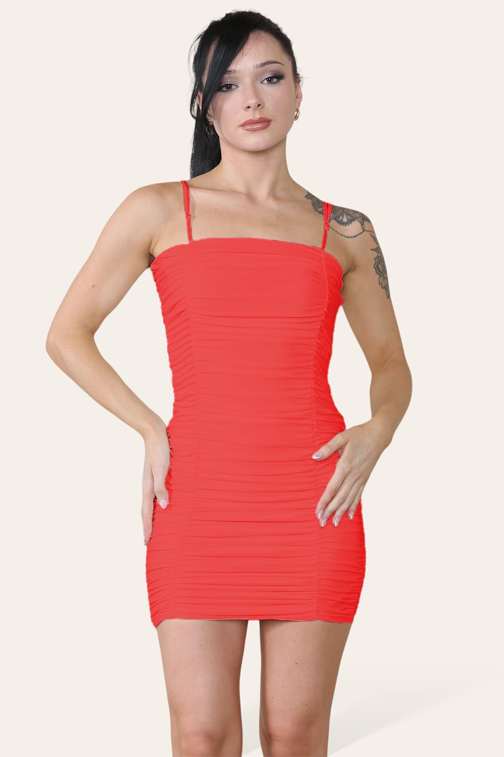 Double Layered Naked Shoulder Ruched Body-Con Cami Dress Mini Style Dress WearAll Red 6