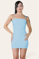Double Layered Naked Shoulder Ruched Body-Con Cami Dress Mini Style Dress WearAll Sky Blue 6