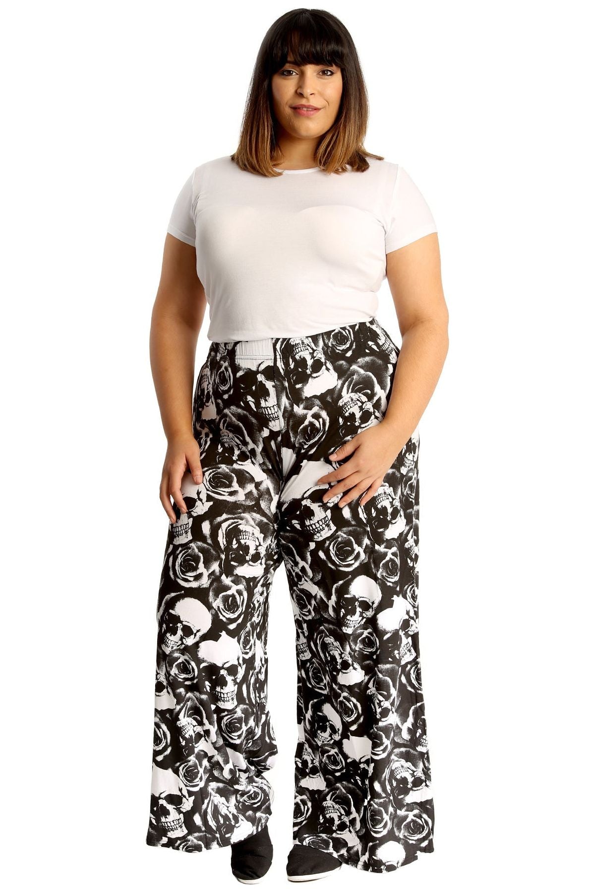 Plus Size Skull Roses Print Palazzo Trouser Palazzo WearAll