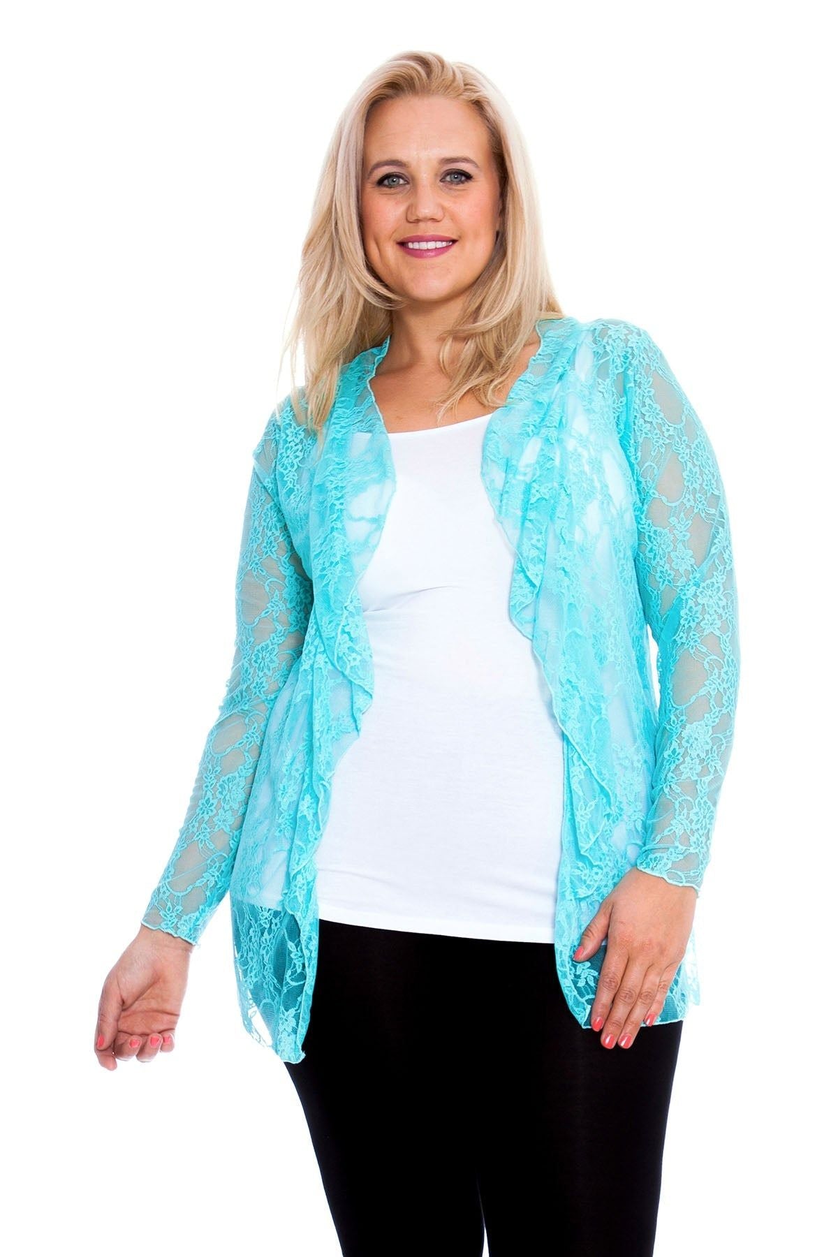 Floral Lace Open Cardigan Waterfall Top Tops WearAll Turquoise 14