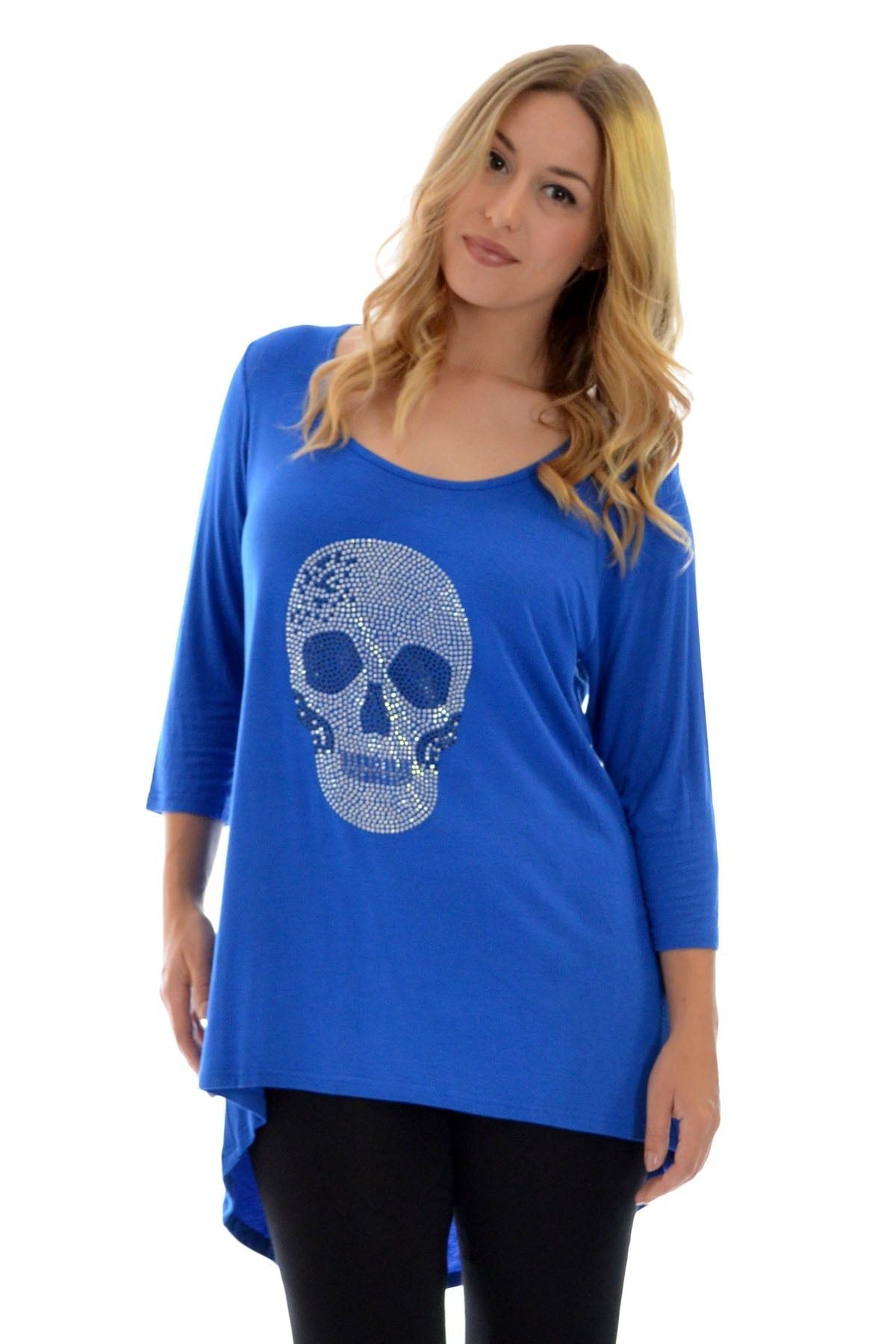 Skull Tail Back Dip Hem Scoop Top Tops WearAll Royal Blue 14