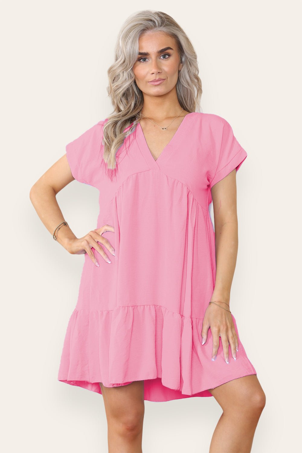 Fancy Style Tiered Smock Dress Dress WearAll Candy Pink One Size (upto 14)