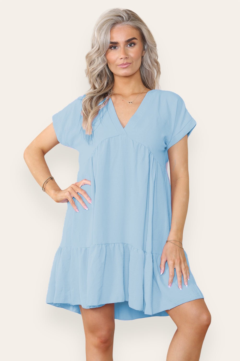 Fancy Style Tiered Smock Dress Dress WearAll Baby Blue One Size (upto 14)