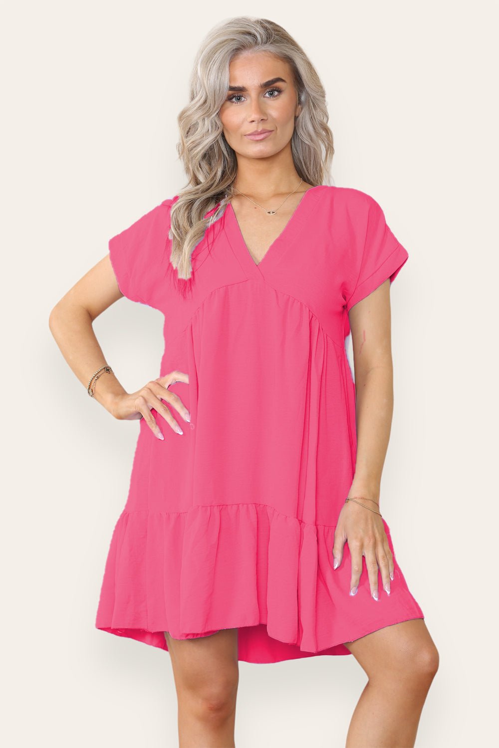 Fancy Style Tiered Smock Dress Dress WearAll Hot Pink One Size (upto 14)
