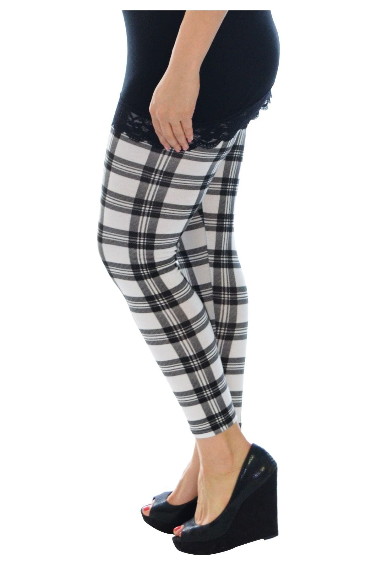 Plus Size Tartan Check Print Long Leggings Leggings WearAll White 16-18