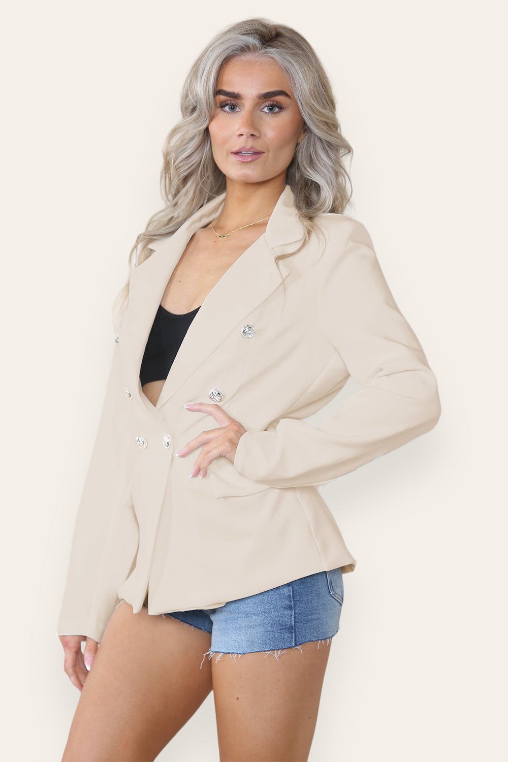 Fitted Lined Double Gold Button Collared Blazer Jacket Jackets & Coats WearAll Beige Small