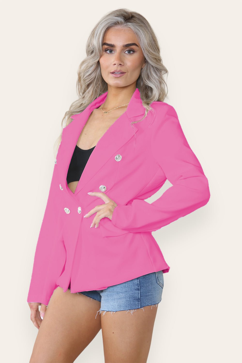 Fitted Lined Double Gold Button Collared Blazer Jacket Jackets & Coats WearAll Pink Small