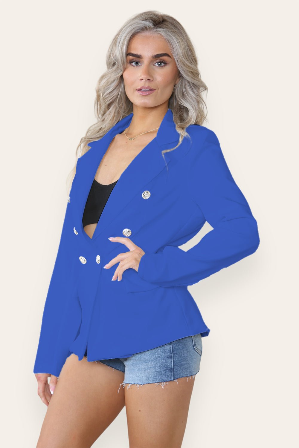 Fitted Lined Double Gold Button Collared Blazer Jacket Jackets & Coats WearAll Royal Blue Small