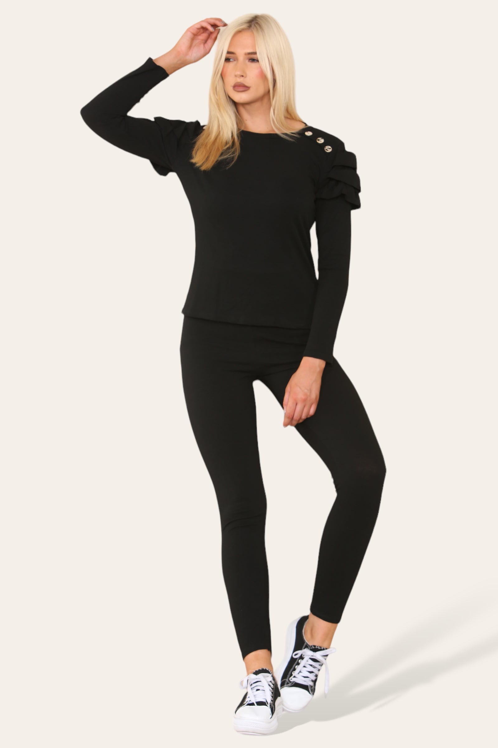 Frilled Sleeves Set Shoulder Golden Button Lounge Wear Suit Loungewear WearAll