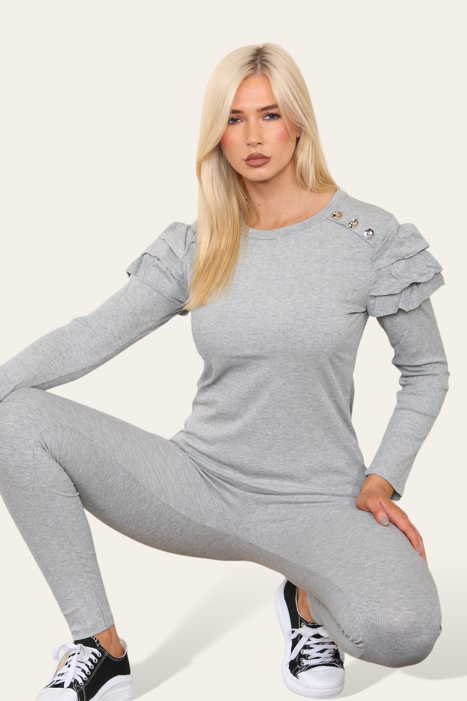 Frilled Sleeves Set Shoulder Golden Button Lounge Wear Suit Loungewear WearAll