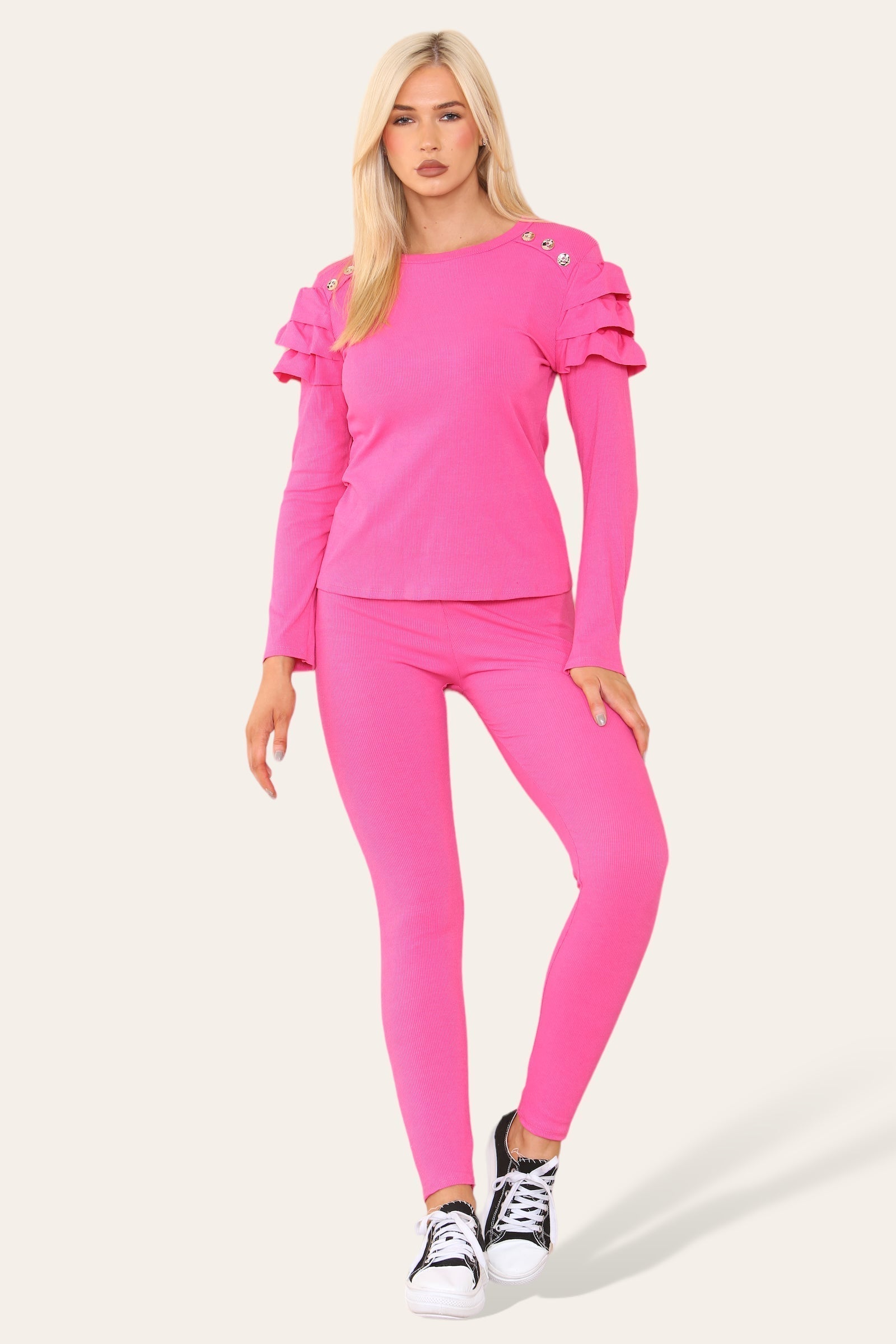 Frilled Sleeves Set Shoulder Golden Button Lounge Wear Suit Loungewear WearAll Fuchsia 6-8