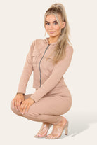 Front Pocket Zip Suit Ribbed Hooded Lounge Wear Set Hoodies & Pullover WearAll