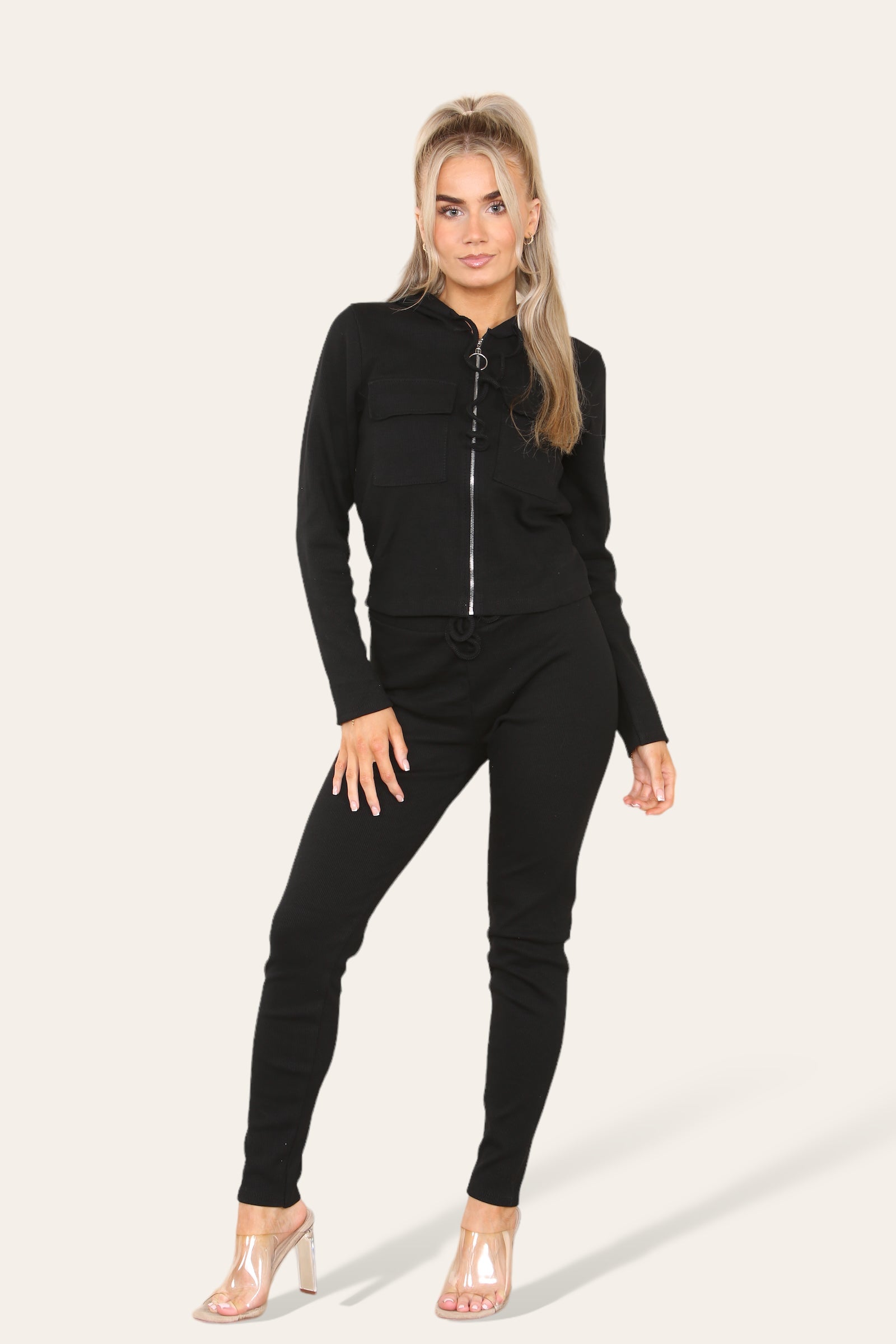 Front Pocket Zip Suit Ribbed Hooded Lounge Wear Set Hoodies & Pullover WearAll Black 6-8