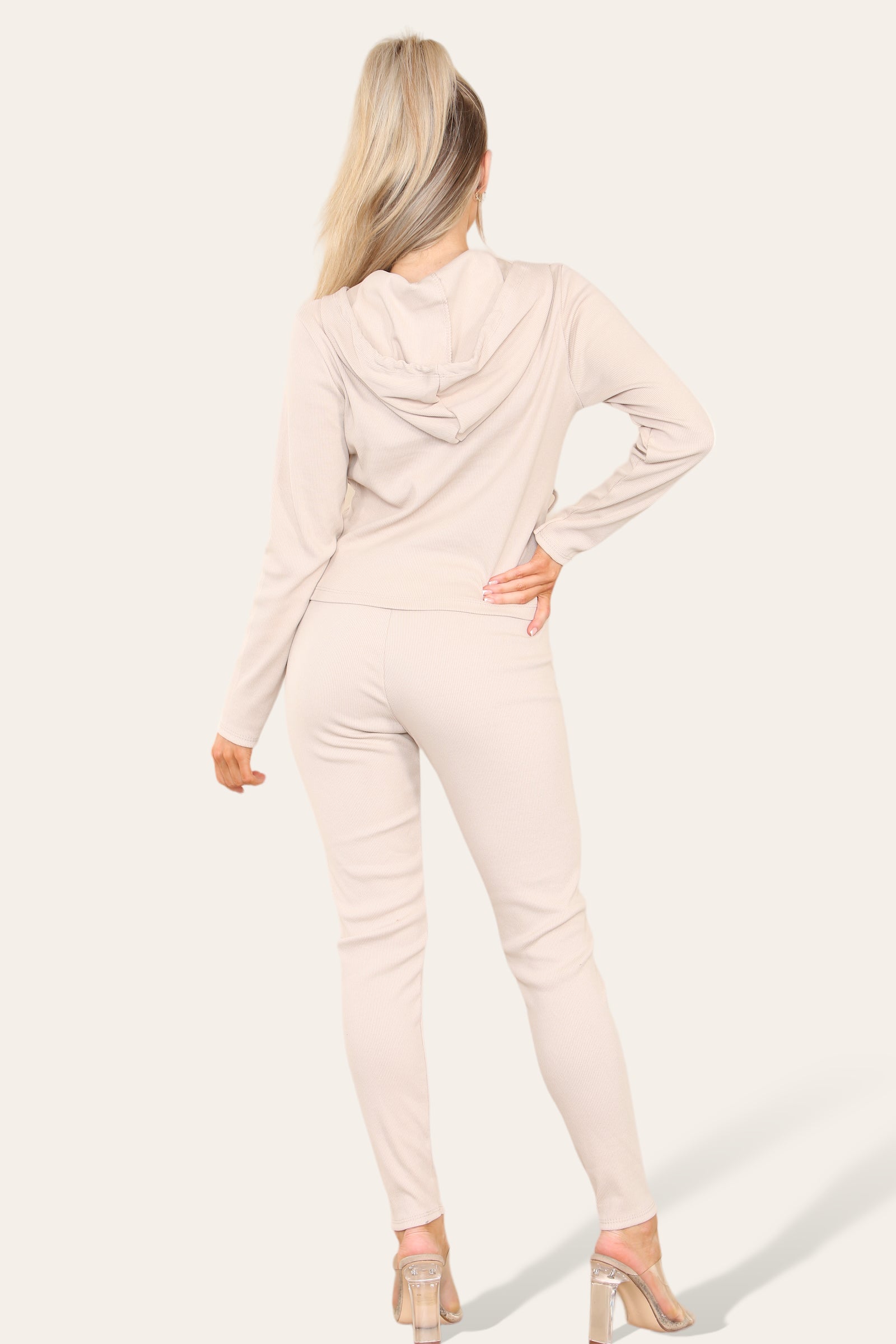 Front Pocket Zip Suit Ribbed Hooded Lounge Wear Set Hoodies & Pullover WearAll