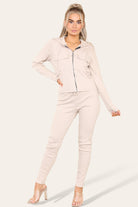 Front Pocket Zip Suit Ribbed Hooded Lounge Wear Set Hoodies & Pullover WearAll Beige 6-8