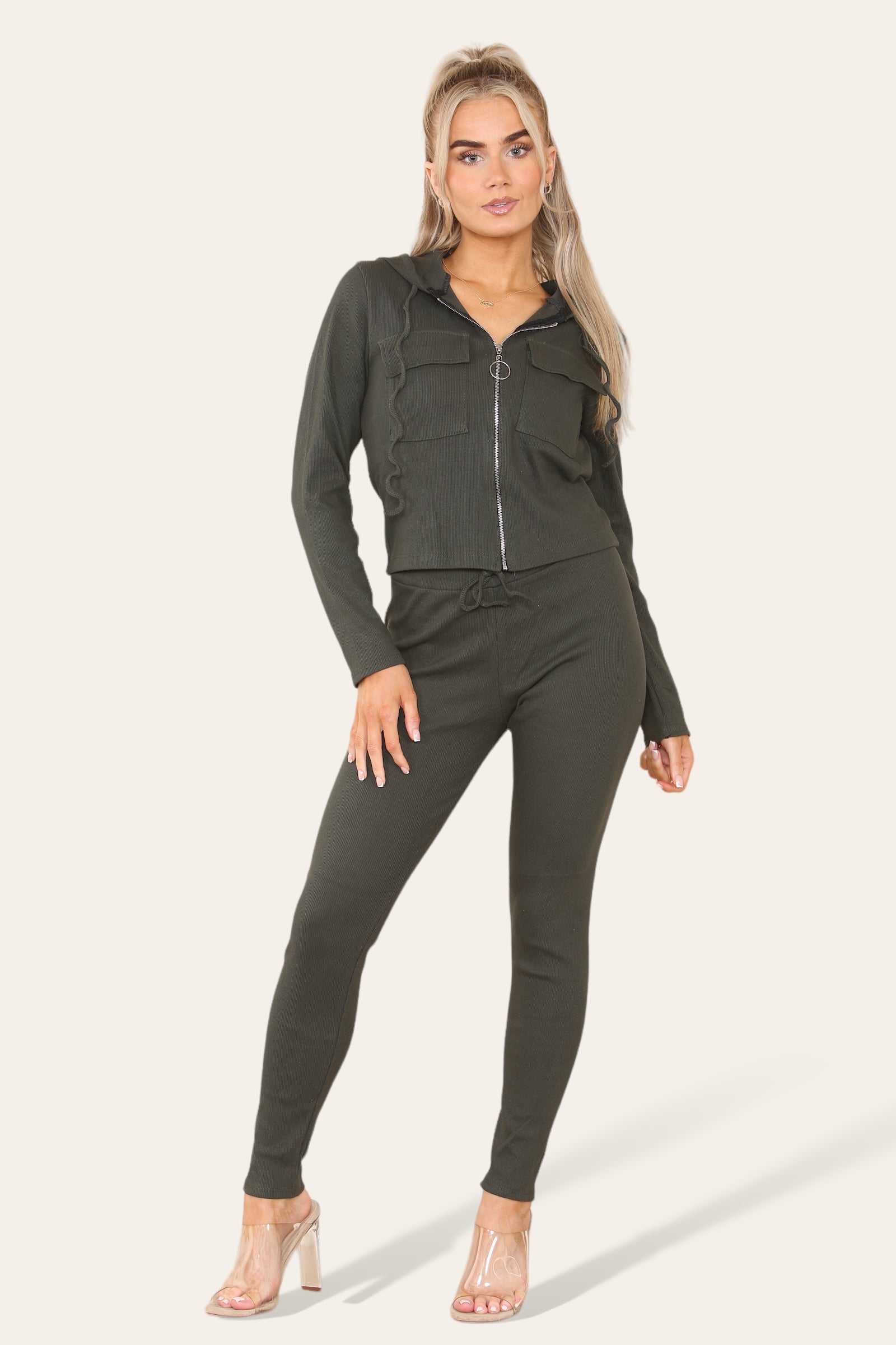 Front Pocket Zip Suit Ribbed Hooded Lounge Wear Set Hoodies & Pullover WearAll Charcoal 6-8