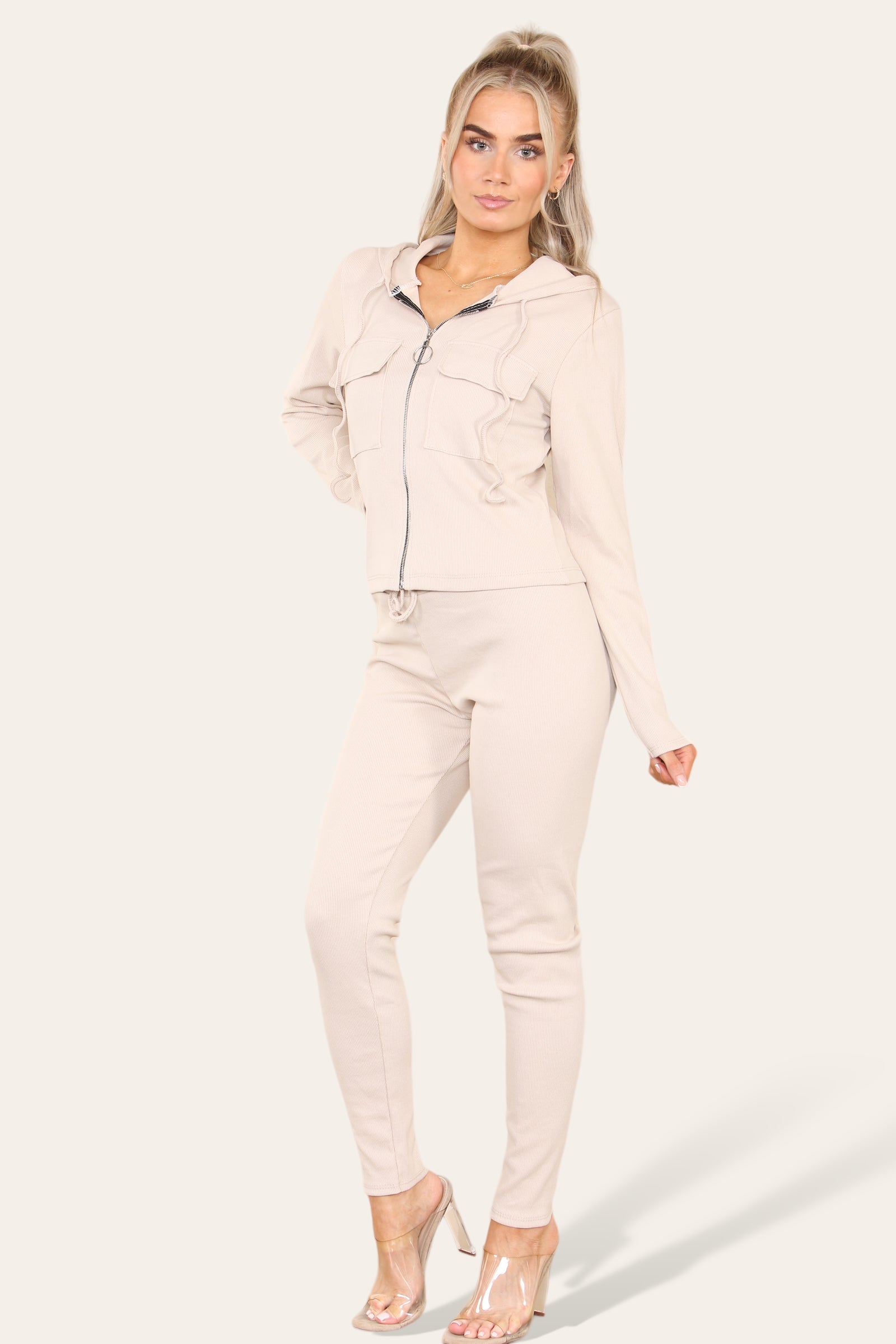 Front Pocket Zip Suit Ribbed Hooded Lounge Wear Set Hoodies & Pullover WearAll