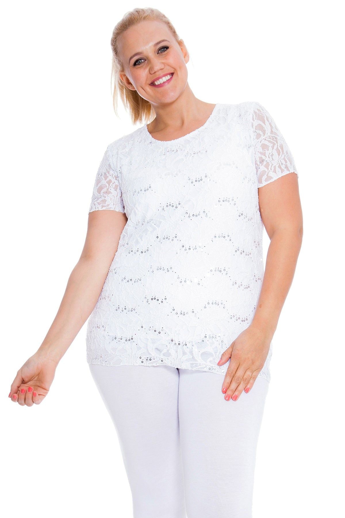 Plus Size Lace Sequin Lined Top Tops WearAll White 16-18