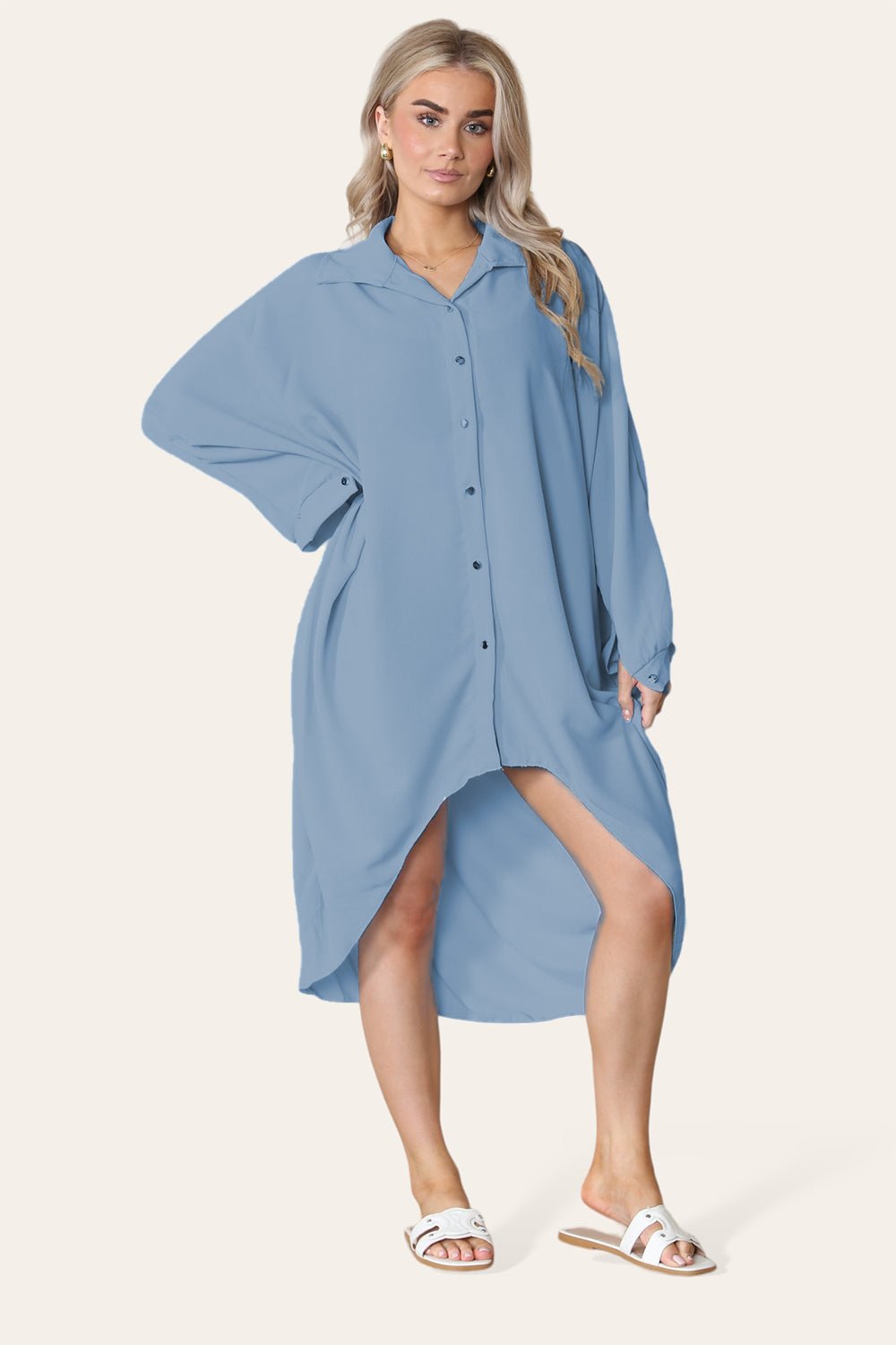 High-Low Oversized Button Long Top Shirt Dress with Hem and Long Sleeves Dress WearAll Denim One Size UK Fit (14 to 22)