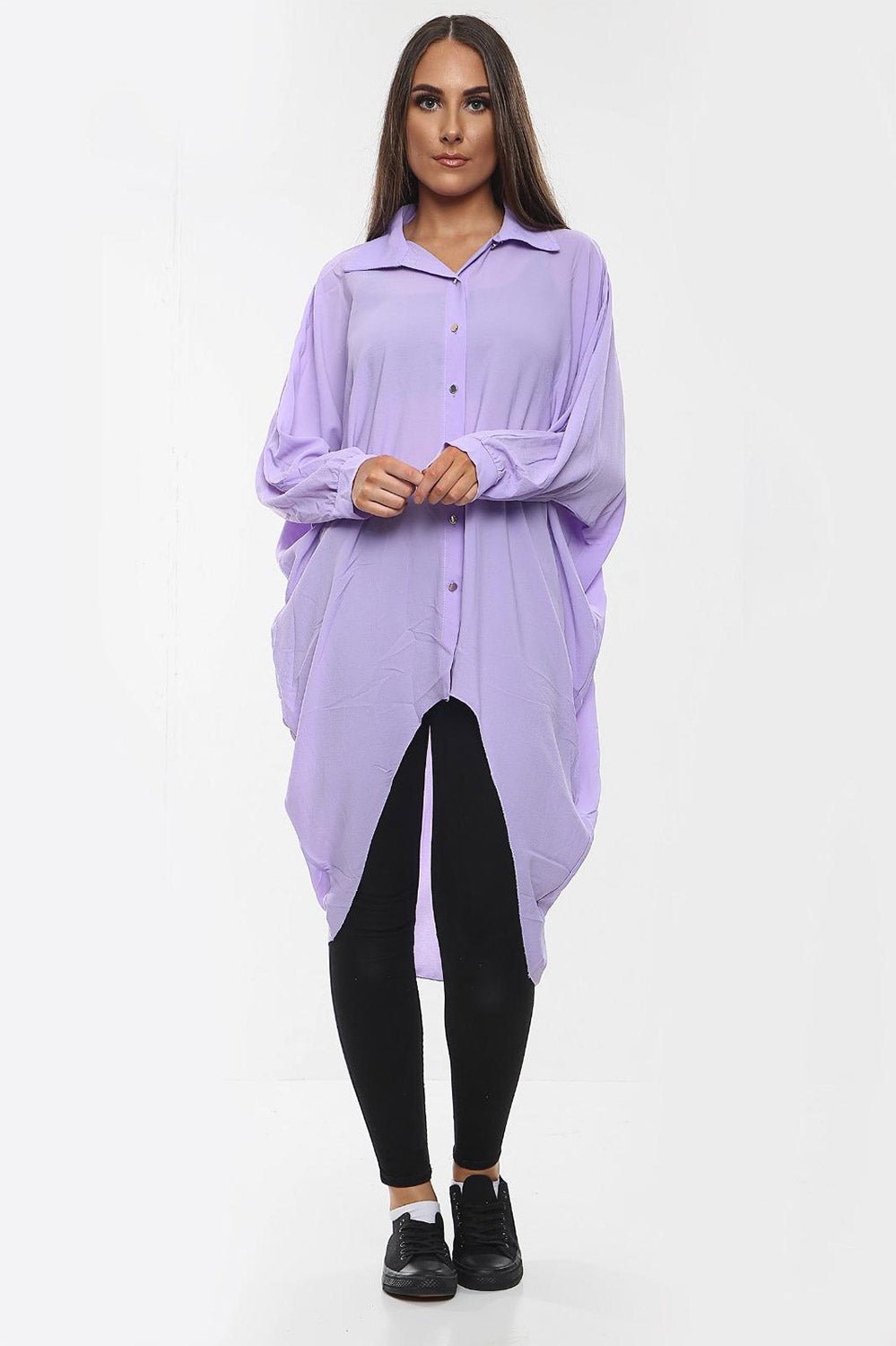 Plus Size Long Sleeve Hi Lo Button Collar Dress Dress WearAll