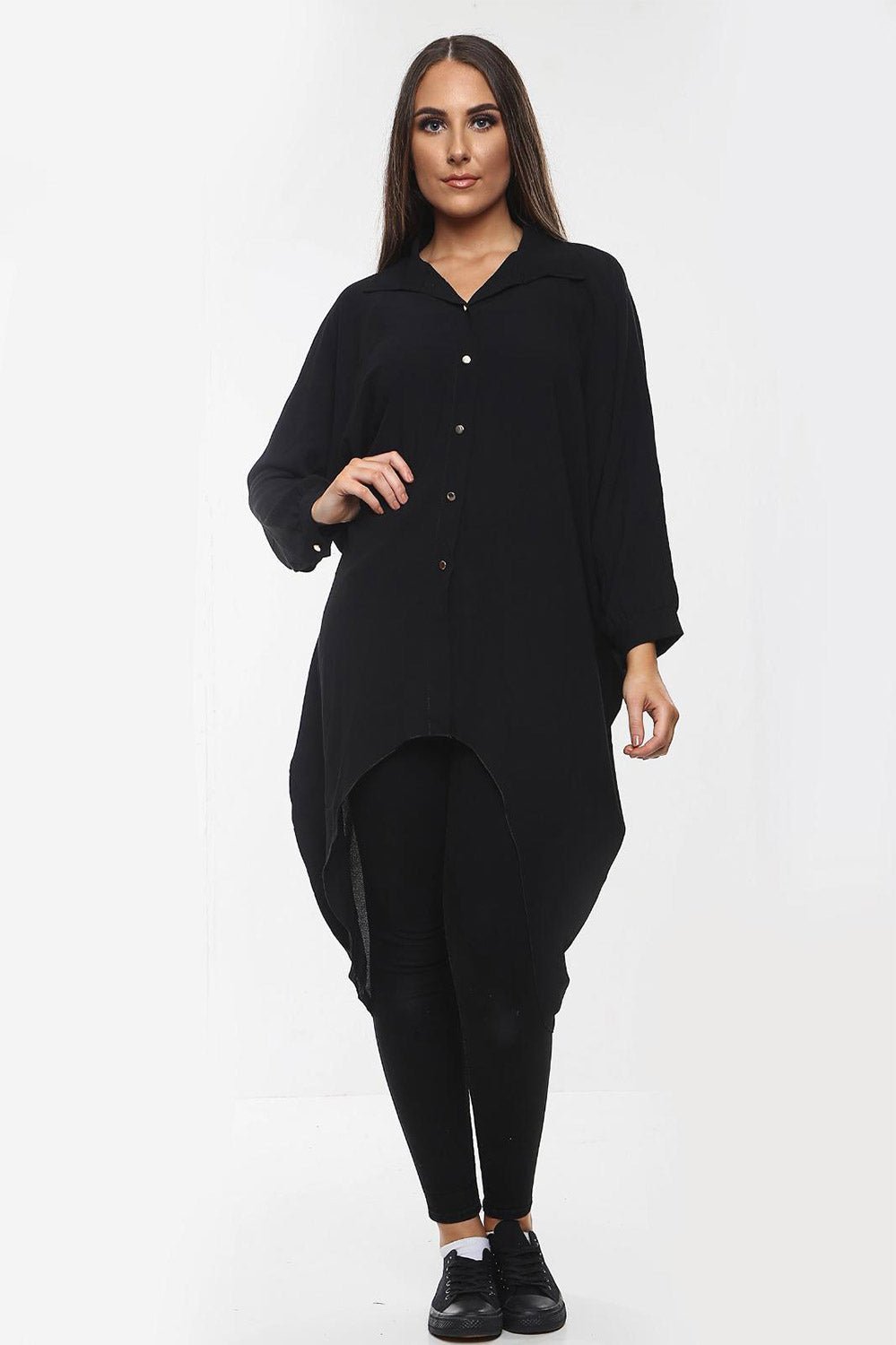 Plus Size Long Sleeve Hi Lo Button Collar Dress Dress WearAll Black 16-18