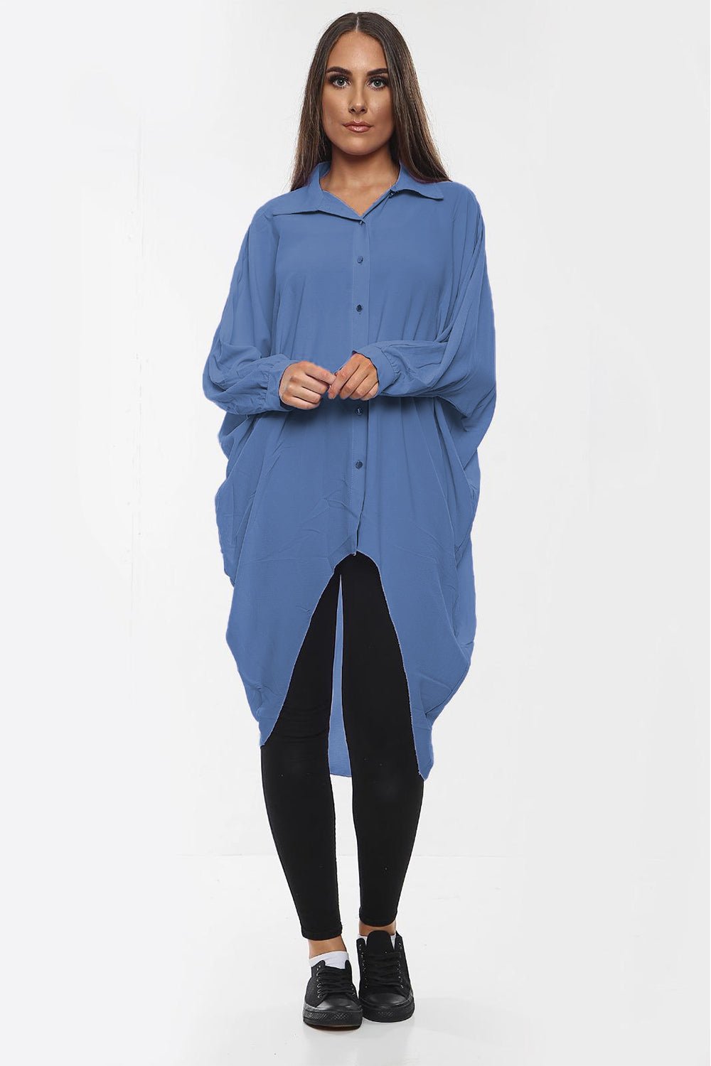 Plus Size Long Sleeve Hi Lo Button Collar Dress Dress WearAll Air Force Blue 16-18