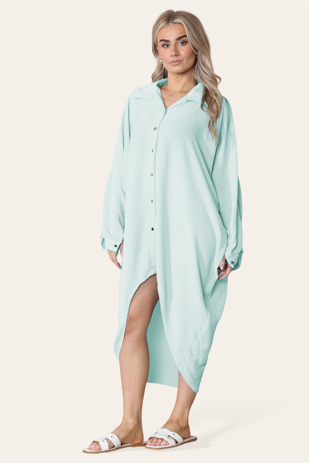 High-Low Oversized Button Long Top Shirt Dress with Hem and Long Sleeves Dress WearAll Mint One Size UK Fit (14 to 22)