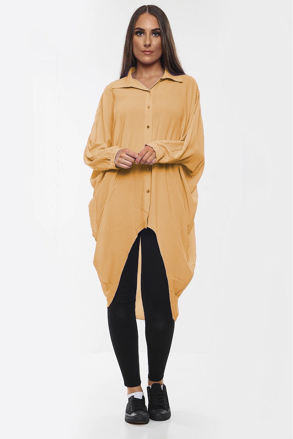 Plus Size Long Sleeve Hi Lo Button Collar Dress Dress WearAll Mustard 16-18