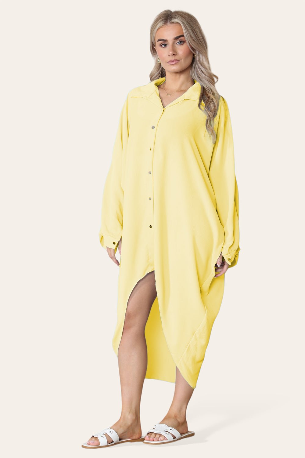 High-Low Oversized Button Long Top Shirt Dress with Hem and Long Sleeves Dress WearAll Yellow One Size UK Fit (14 to 22)