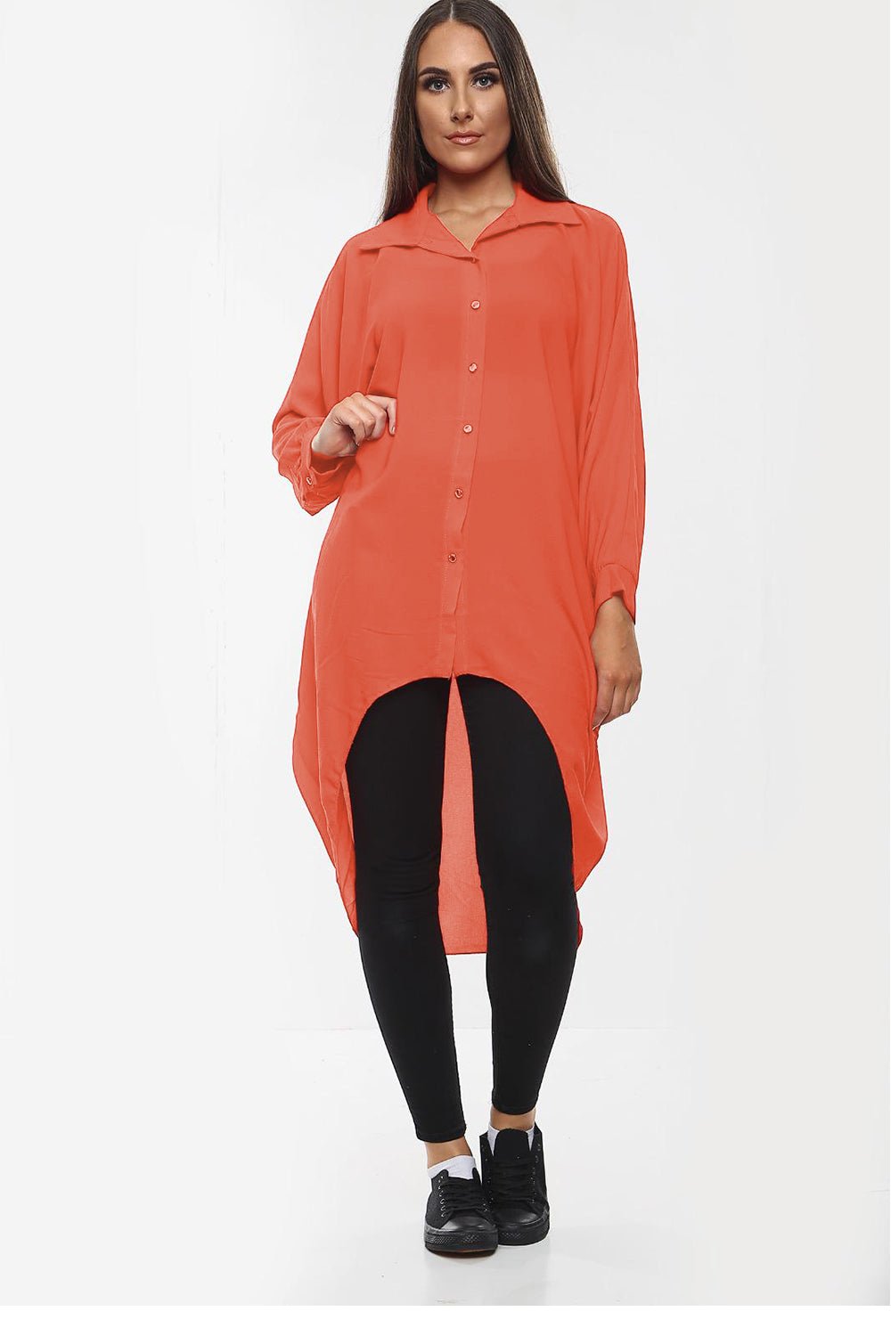 High-Low Oversized Button Long Top Shirt Dress with Hem and Long Sleeves Dress WearAll