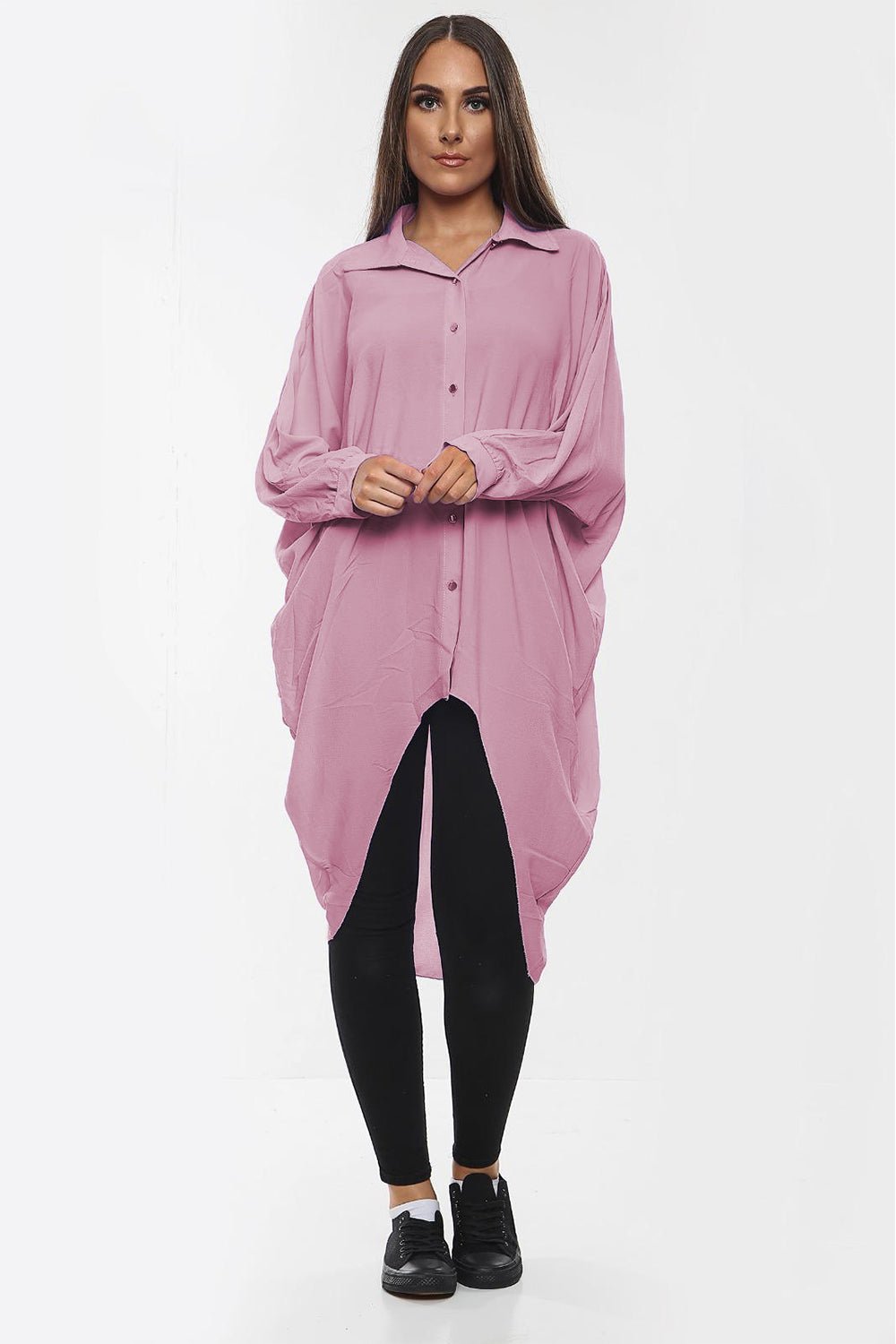 High-Low Oversized Button Long Top Shirt Dress with Hem and Long Sleeves Dress WearAll