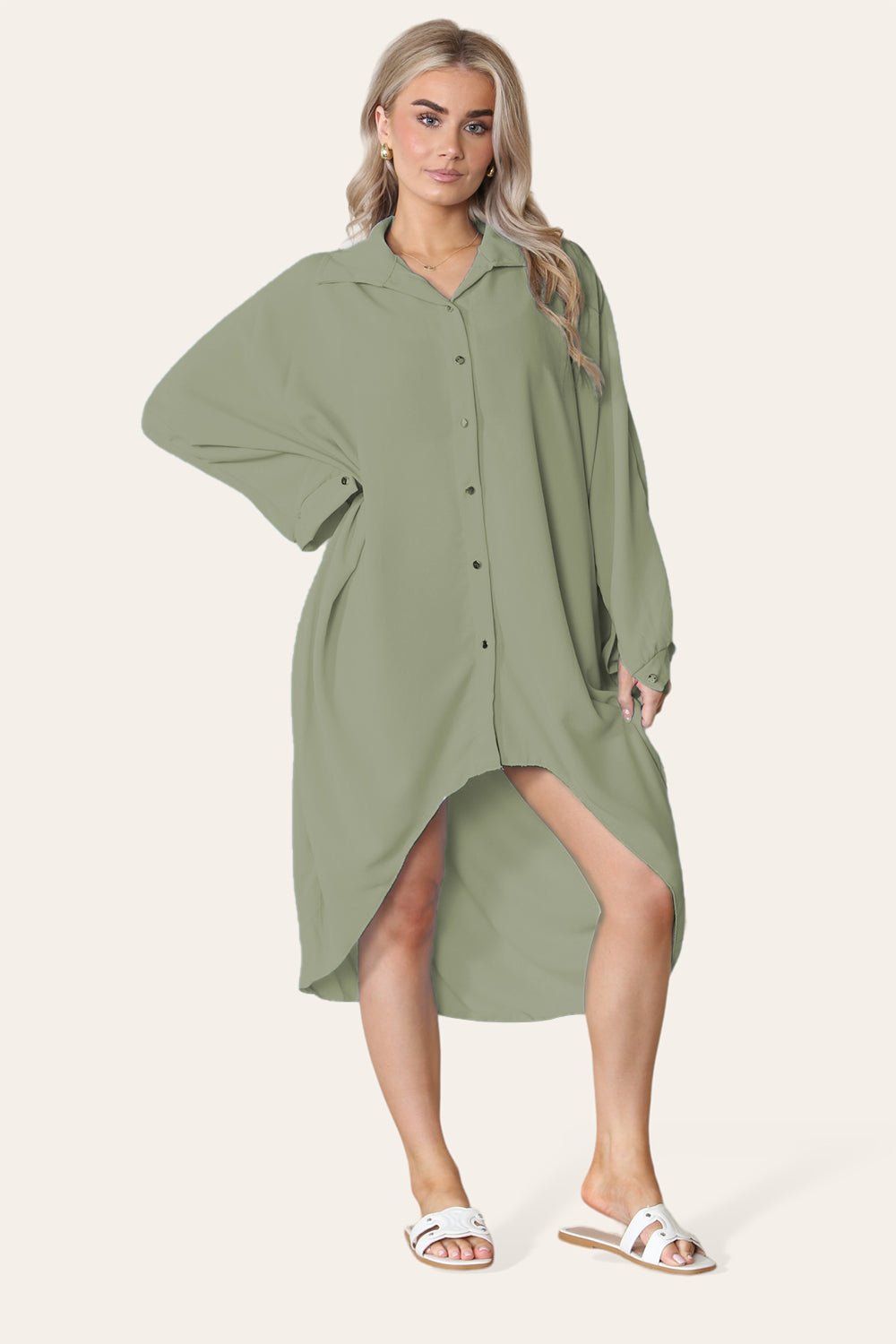 High-Low Oversized Button Long Top Shirt Dress with Hem and Long Sleeves Dress WearAll Sage One Size UK Fit (14 to 22)