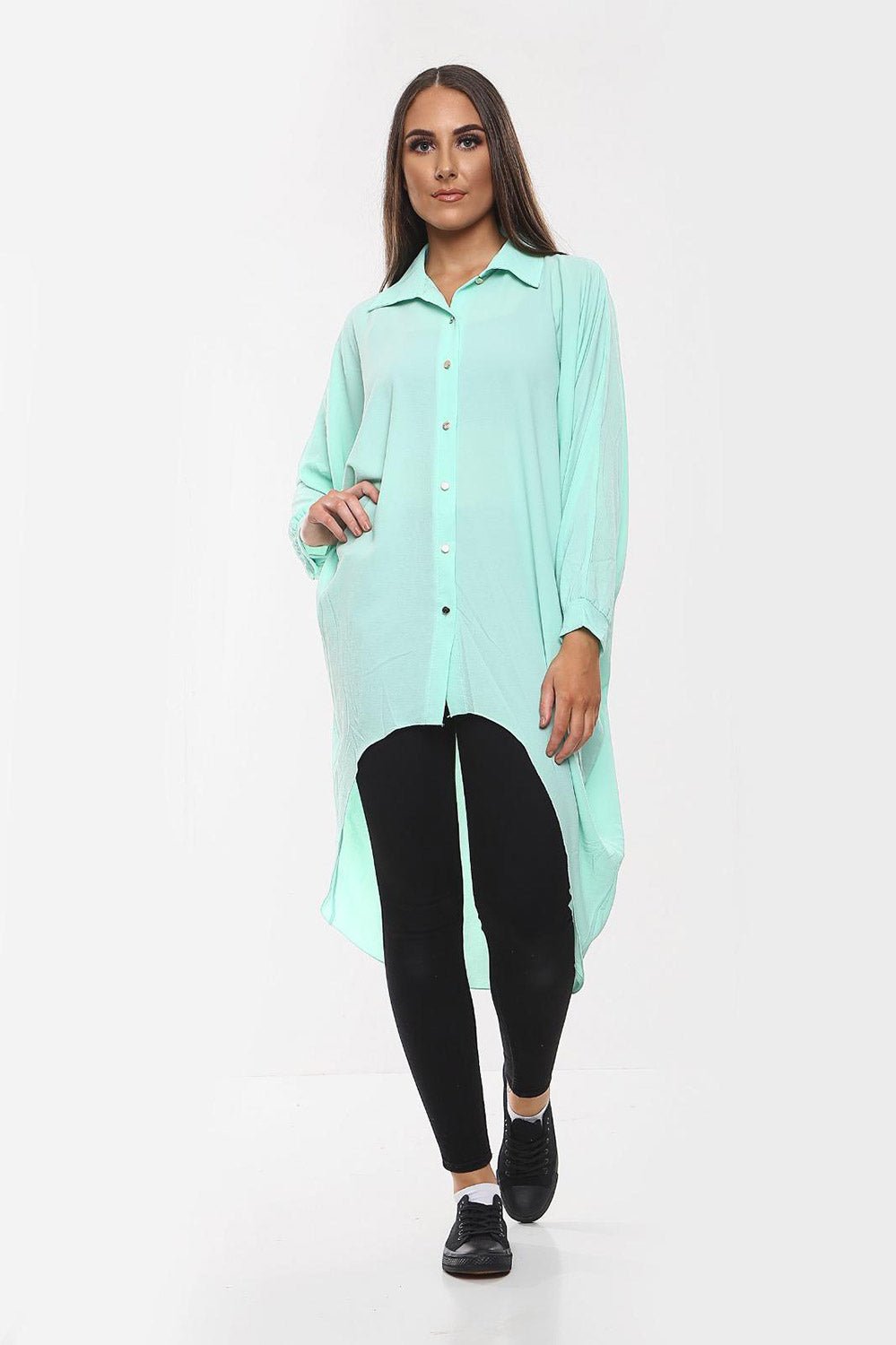 Plus Size Long Sleeve Hi Lo Button Collar Dress Dress WearAll Mint Green 16-18