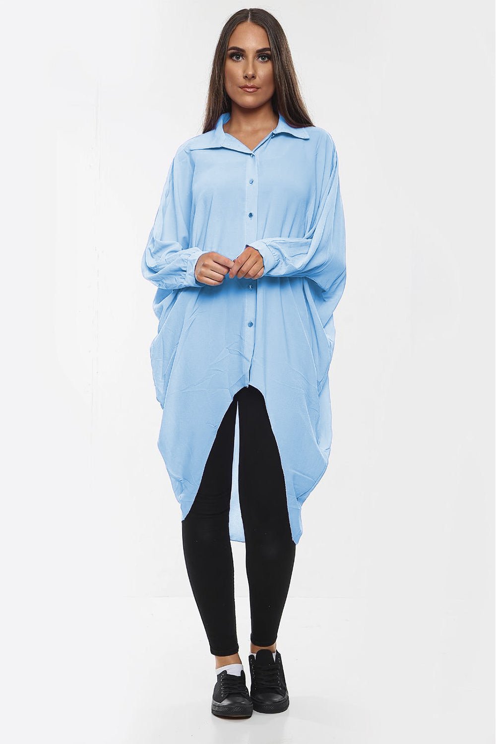 Plus Size Long Sleeve Hi Lo Button Collar Dress Dress WearAll Light Blue 16-18