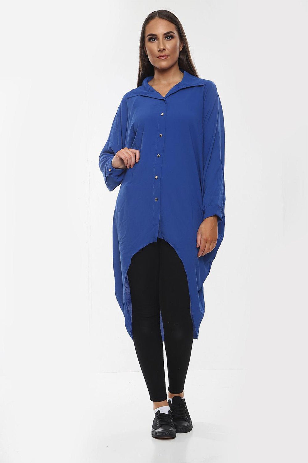 Plus Size Long Sleeve Hi Lo Button Collar Dress Dress WearAll Royal Blue 16-18