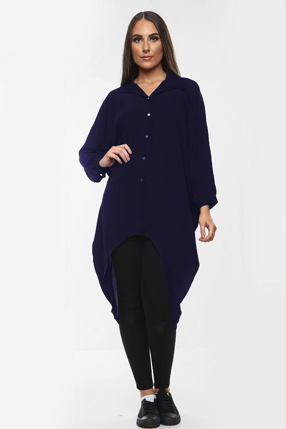 Plus Size Long Sleeve Hi Lo Button Collar Dress Dress WearAll Navy Blue 16-18