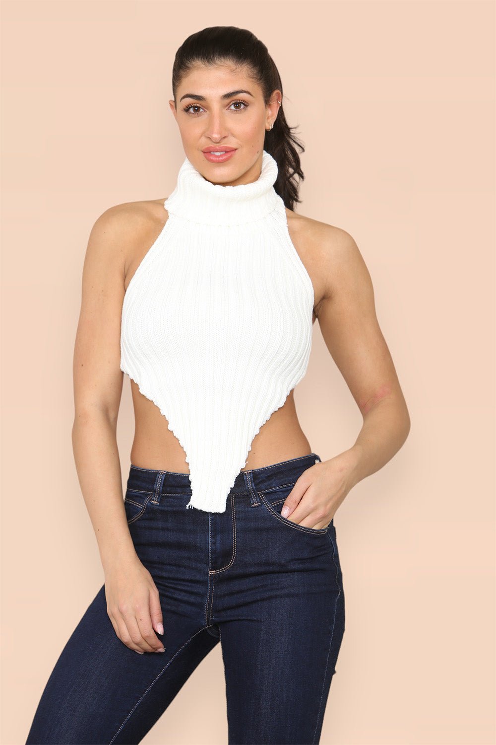 High Neck Roll Knitted Backless Front Cropped Top Top & Bodysuit WearAll