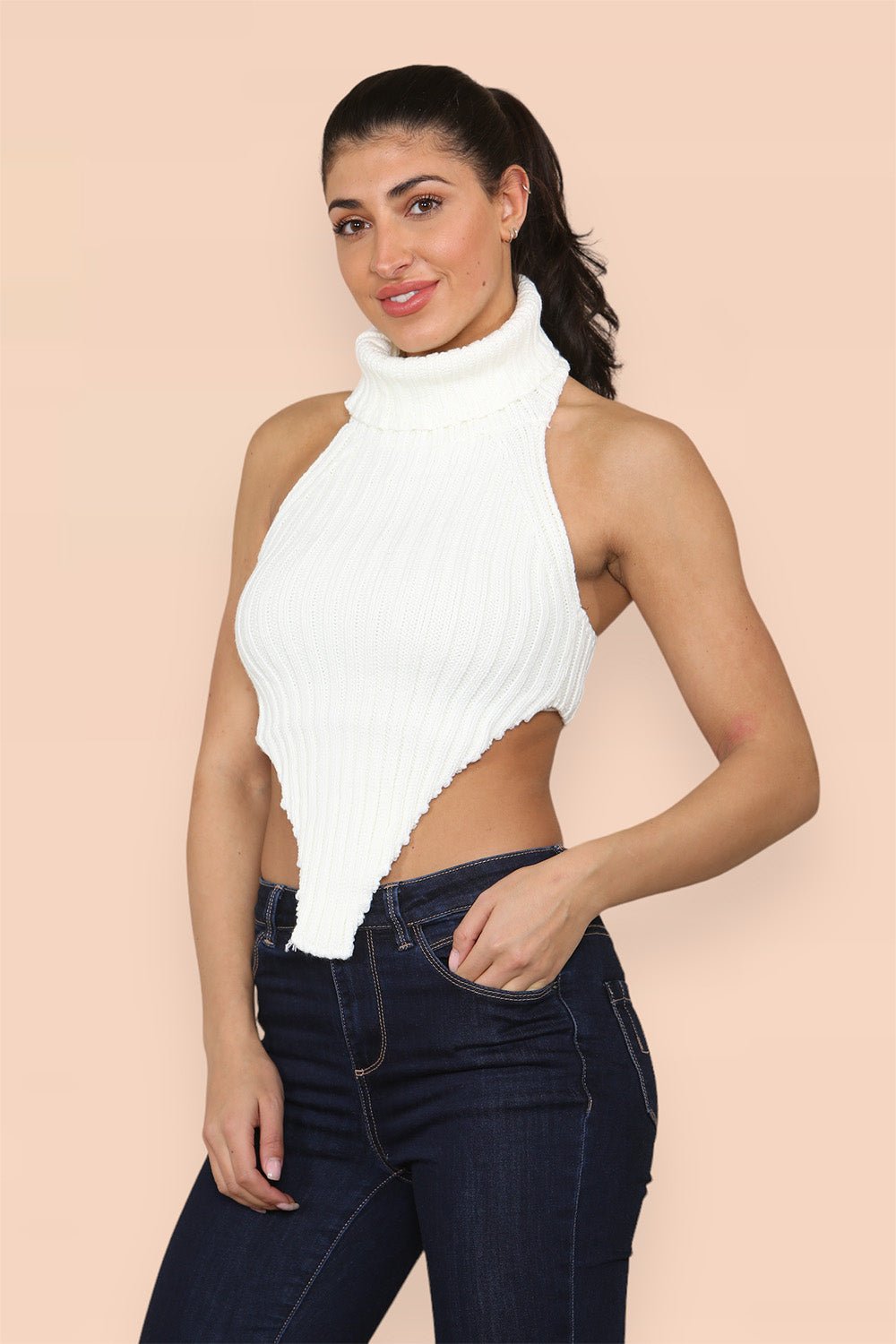 High Neck Roll Knitted Backless Front Cropped Top Top & Bodysuit WearAll