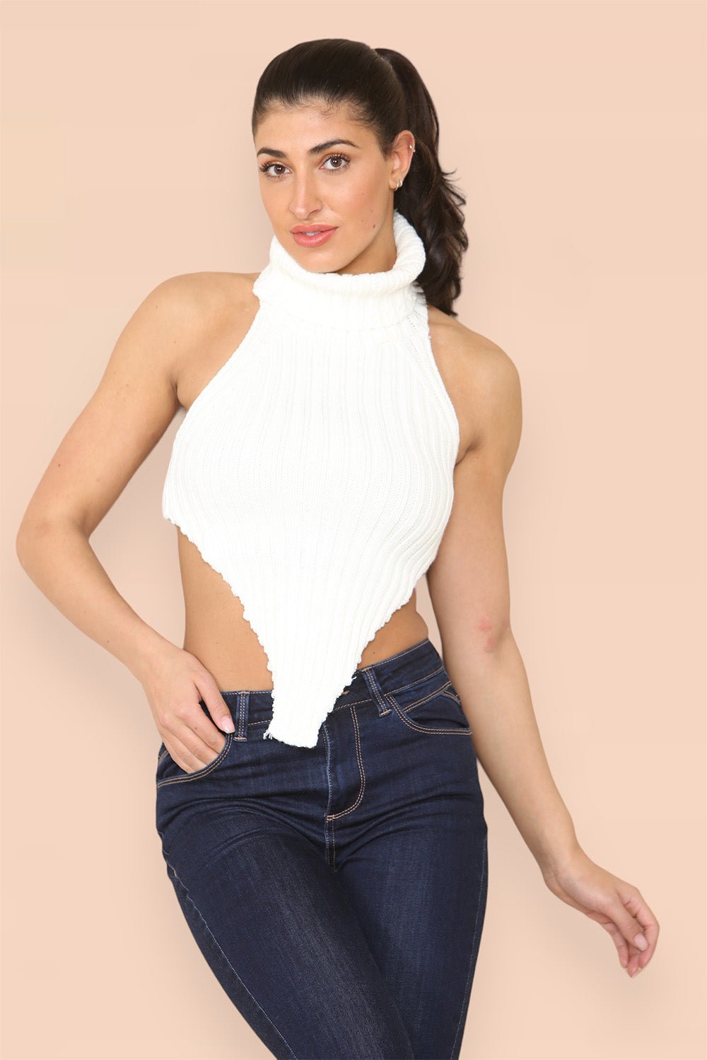 High Neck Roll Knitted Backless Front Cropped Top Top & Bodysuit WearAll Cream One Size (8-14)