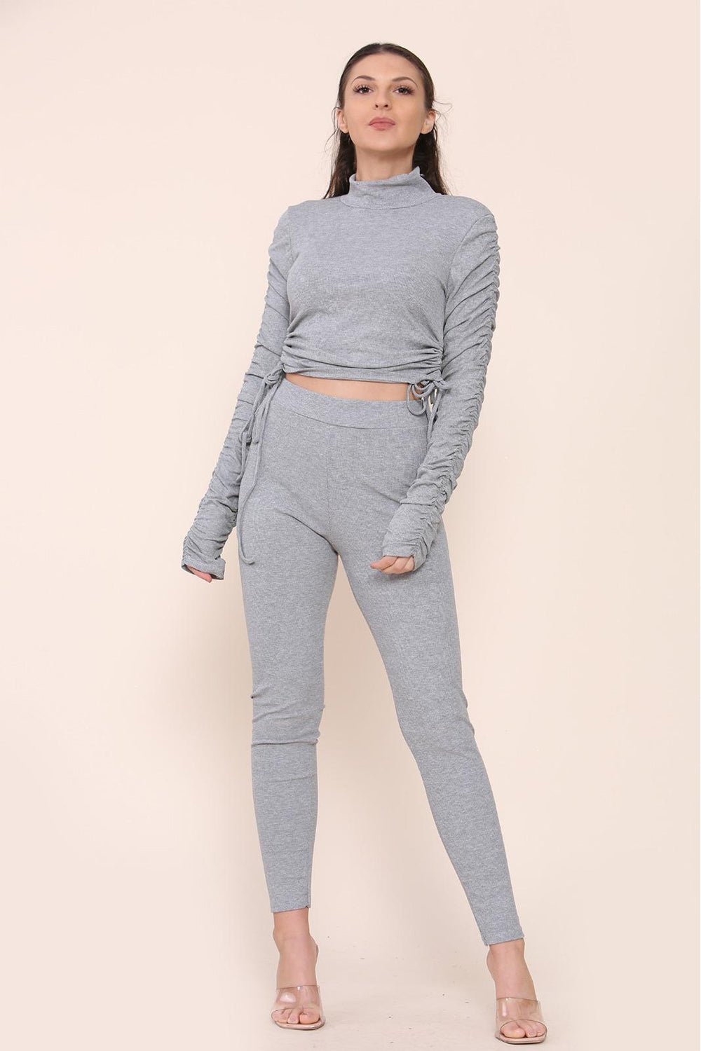 High Neck Ruched Side Arm Solid Drawstrings Ribbed Tee and Leggings set Top & Bodysuit WearAll