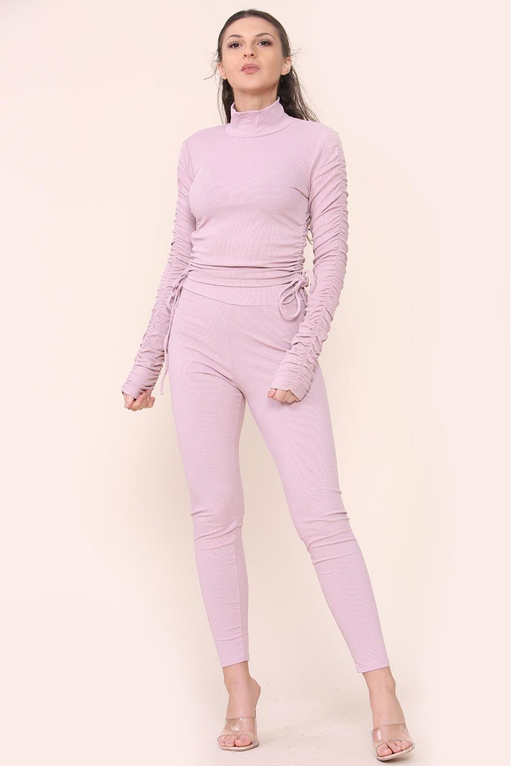 High Neck Ruched Side Arm Solid Drawstrings Ribbed Tee and Leggings set Top & Bodysuit WearAll Dusty Pink S/M