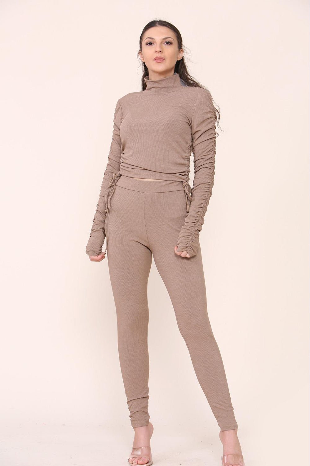 High Neck Ruched Side Arm Solid Drawstrings Ribbed Tee and Leggings set Top & Bodysuit WearAll Mocha S/M