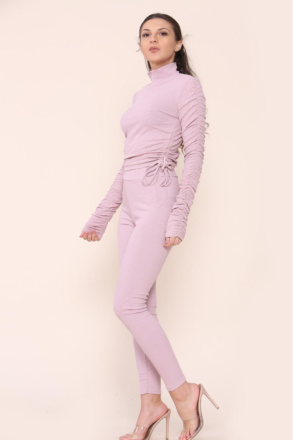 High Neck Ruched Side Arm Solid Drawstrings Ribbed Tee and Leggings set Top & Bodysuit WearAll