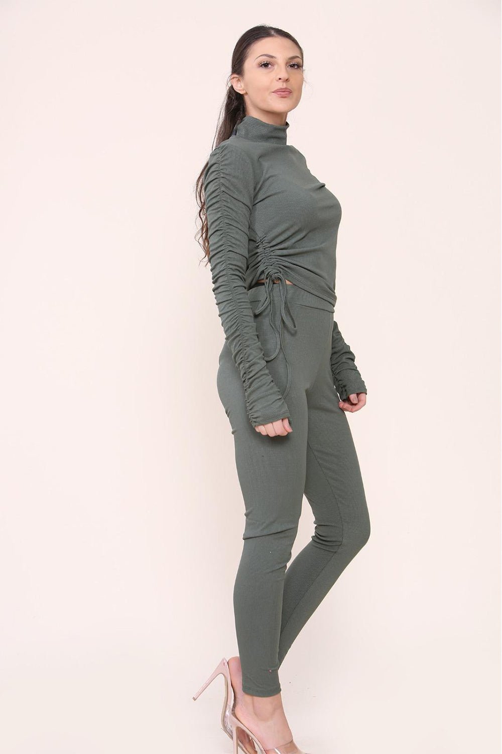 High Neck Ruched Side Arm Solid Drawstrings Ribbed Tee and Leggings set Top & Bodysuit WearAll