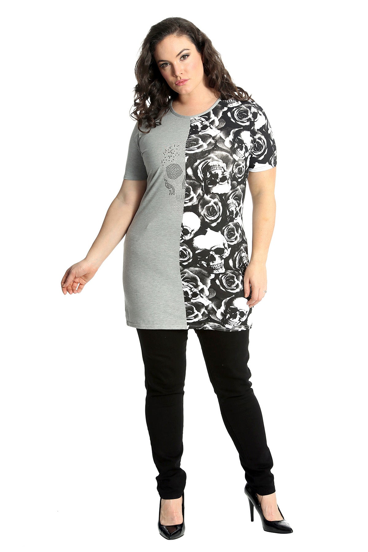 Split Skull Roses Print T-Shirt Tops WearAll