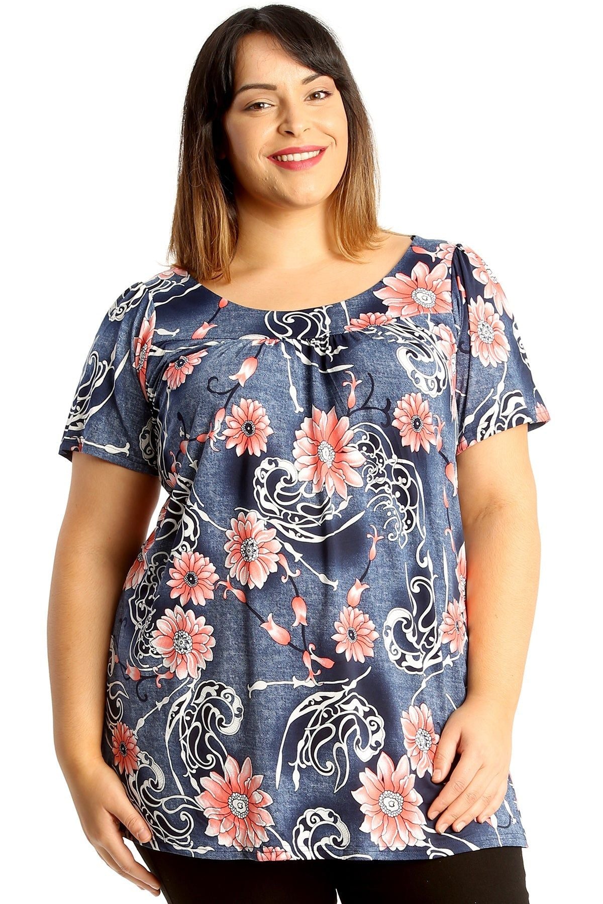 Floral Print Smock Tunic T-Shirt Top Tops WearAll Denim Floral Pink 14