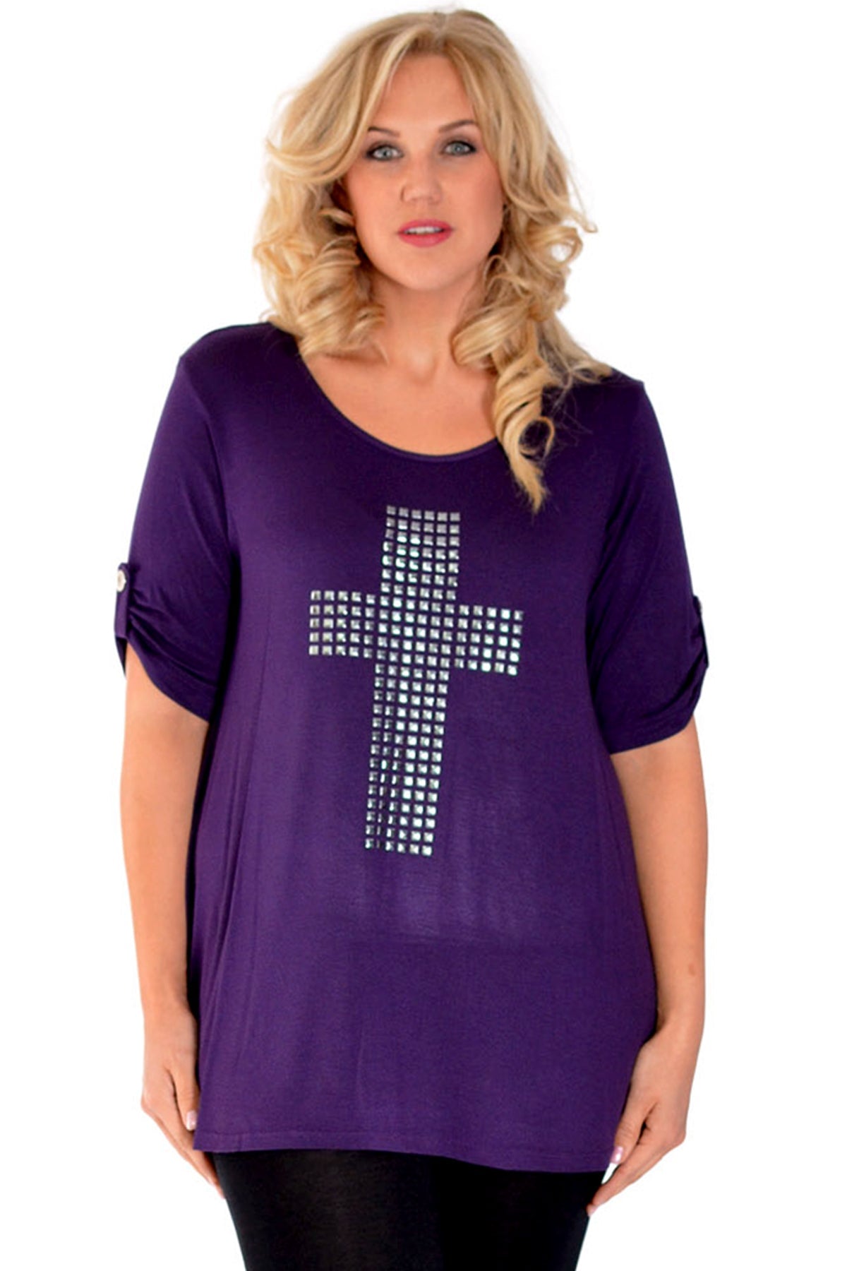 Cross Stud Short Sleeve Tunic Top Tops WearAll Purple 14